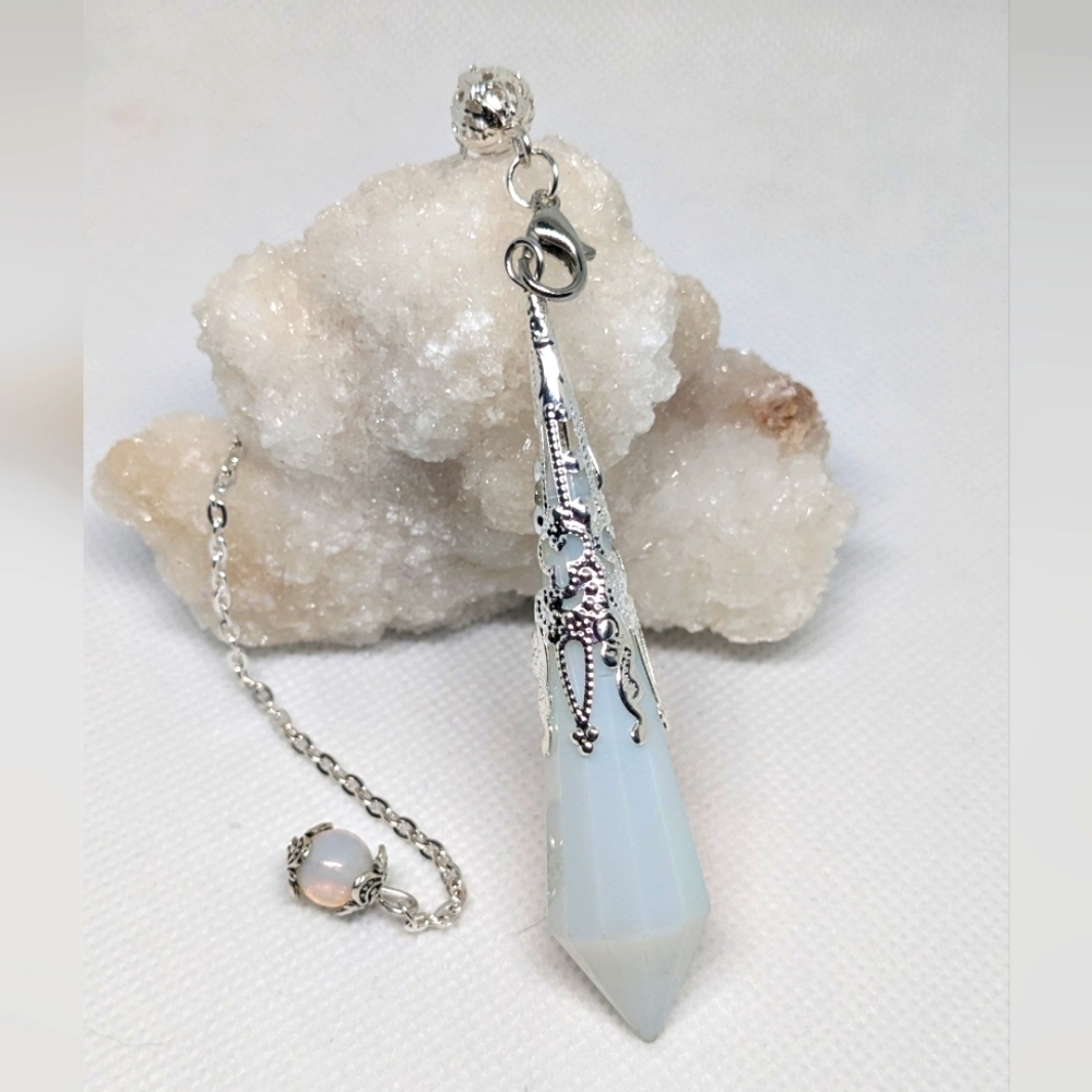 White opalite crystal pendulum on silver chain
